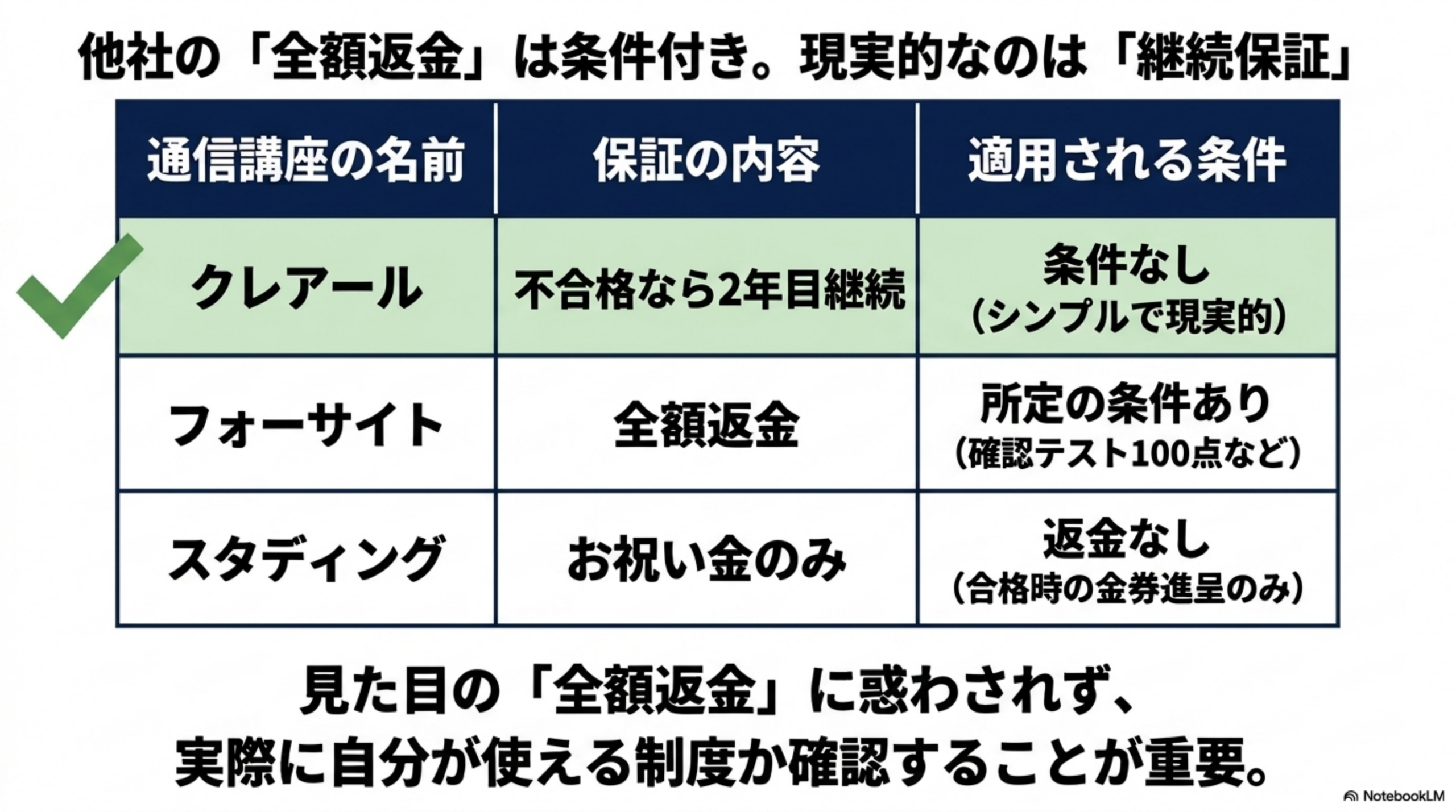 クレアール・フォーサイト・スタディングの保証制度比較表（継続保証 vs 全額返金 vs お祝い金）