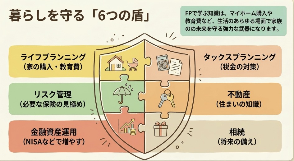 暮らしを守る6つの盾：FP3級で学ぶ6分野（ライフプランニング・リスク管理・金融資産運用・タックスプランニング・不動産・相続）