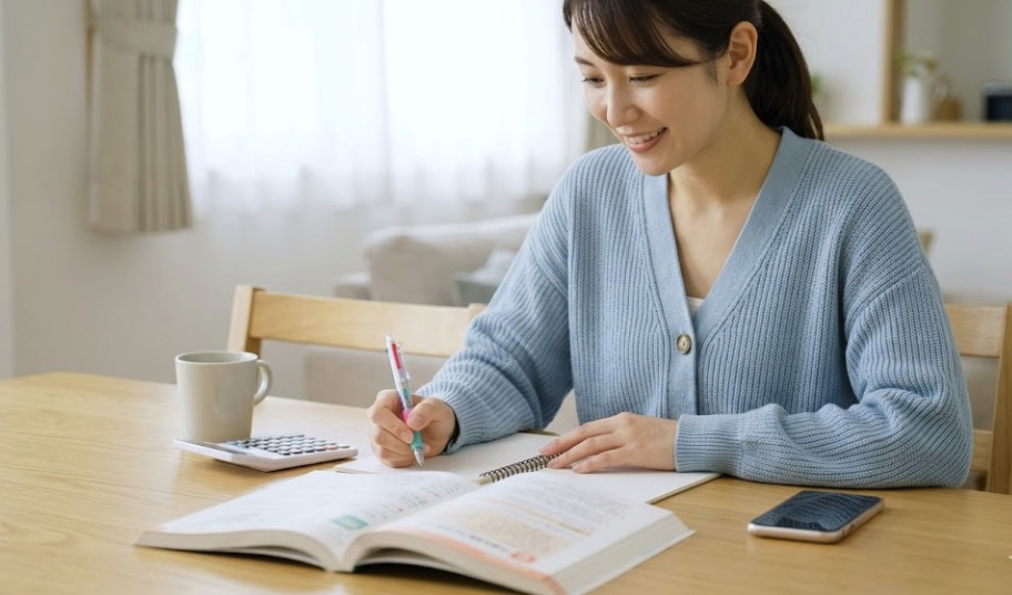 FP3級の教材を笑顔で勉強する主婦