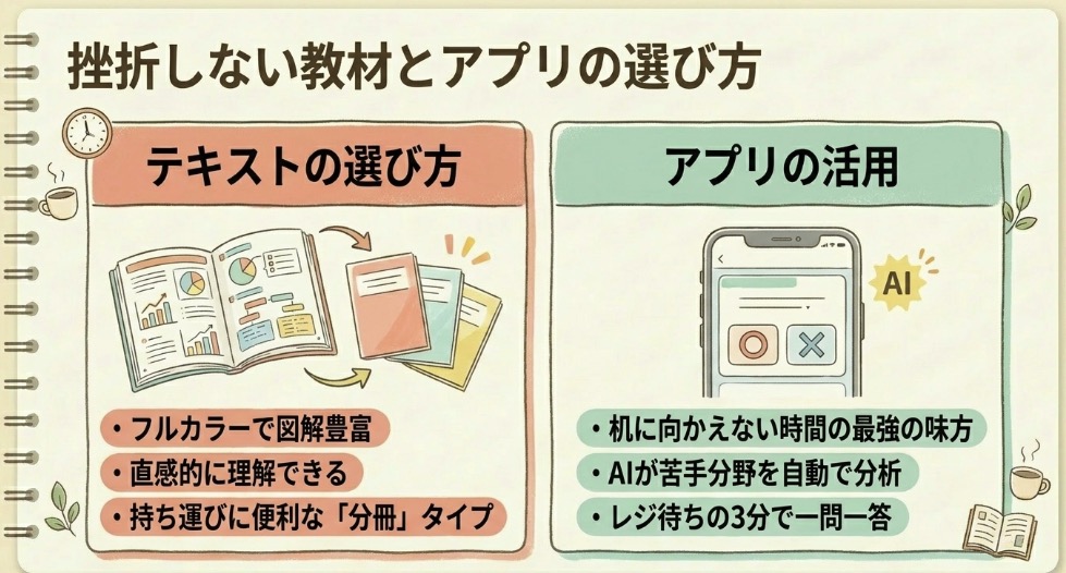 挫折しない教材とアプリの選び方：フルカラー図解テキストとAIアプリ活用