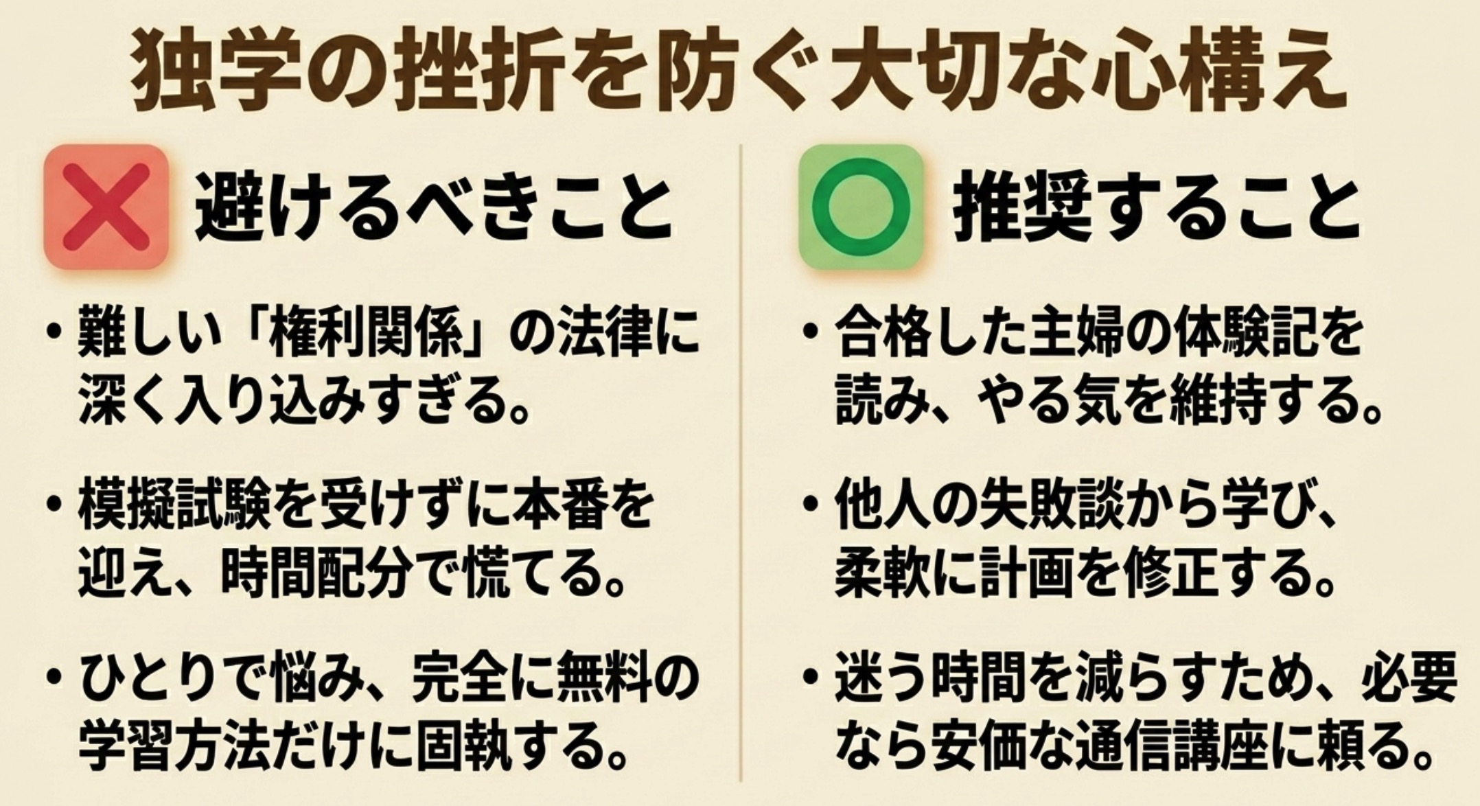 宅建の独学で挫折を防ぐ心構え 避けるべきことと推奨することの比較図
