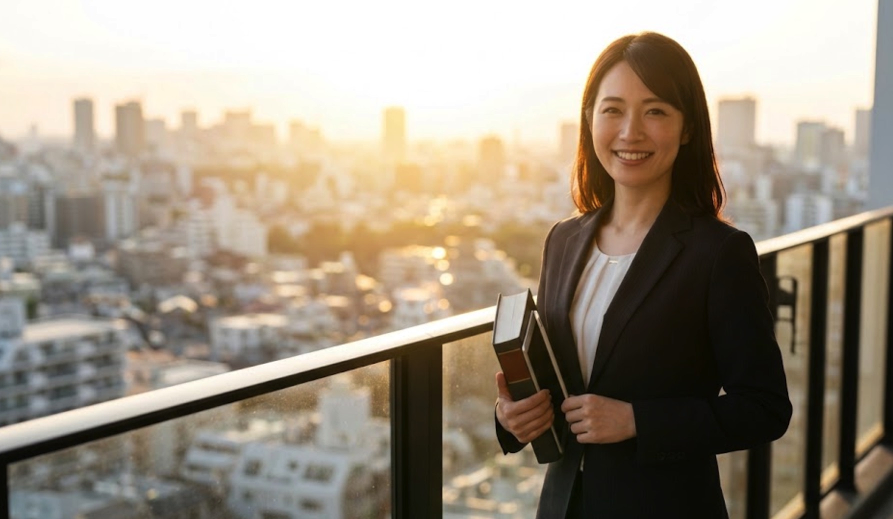 宅建の独学で合格した主婦が夕日を背にキャリアを切り開く未来ビジョン