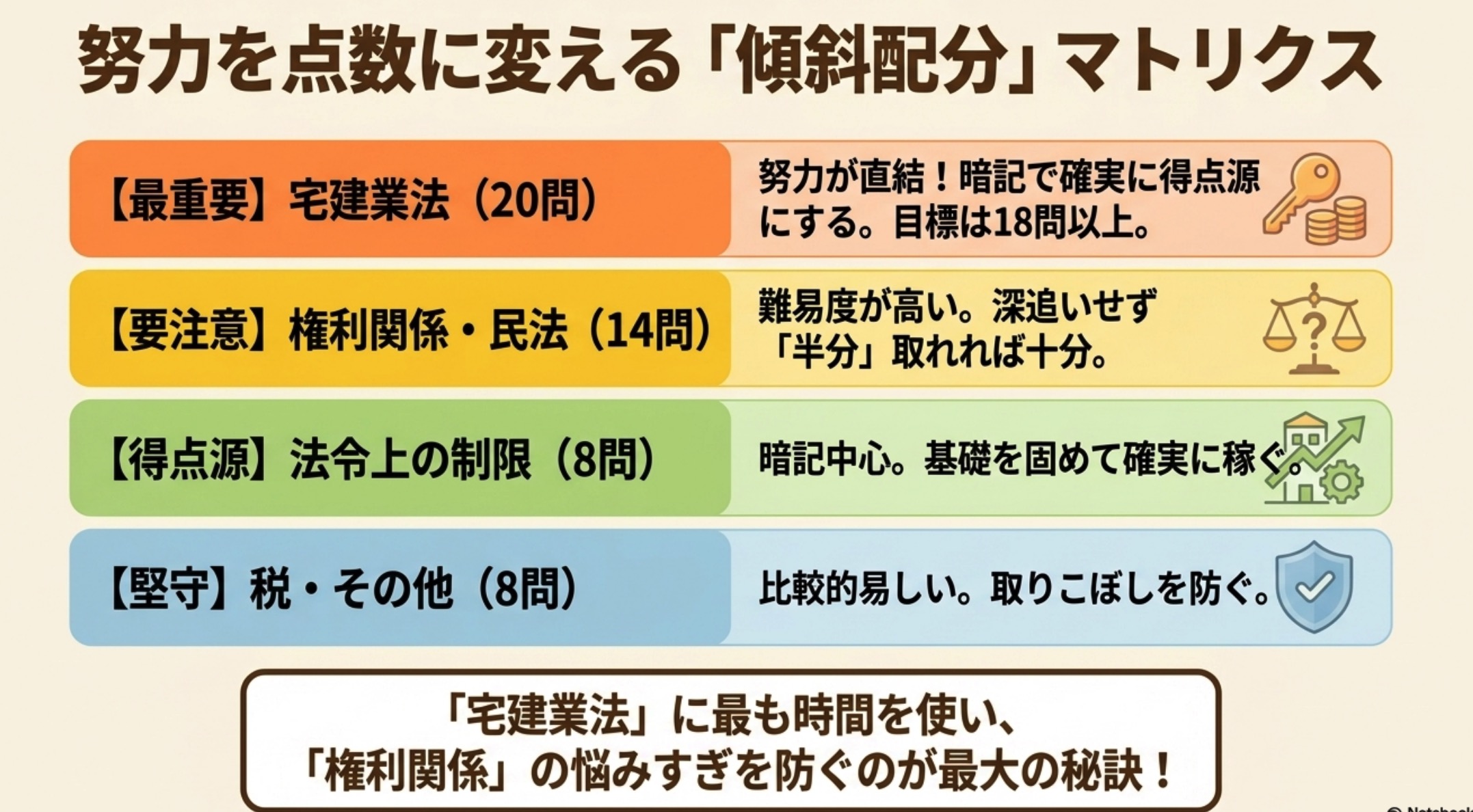宅建試験の傾斜配分マトリクス図解 宅建業法20問 権利関係14問 法令上の制限8問 税その他8問