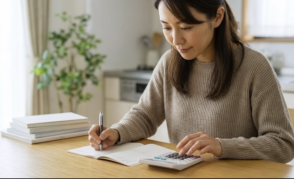 家計簿と電卓で宅建の報酬計算を練習する主婦
