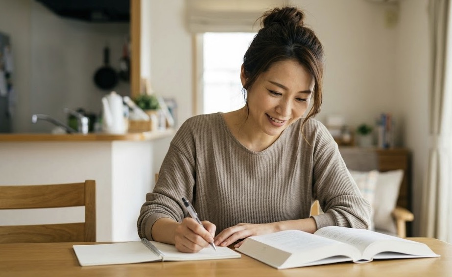 クレアールのテキストで合格を目指して笑顔で学習を進める主婦