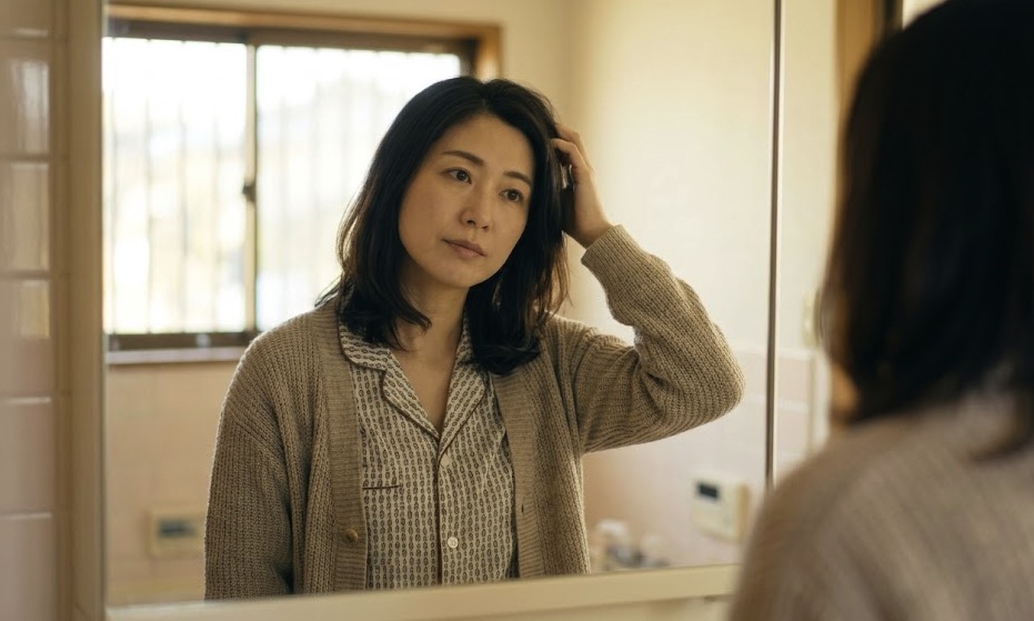 朝の鏡の前で自分を見つめる10年ブランクの主婦
