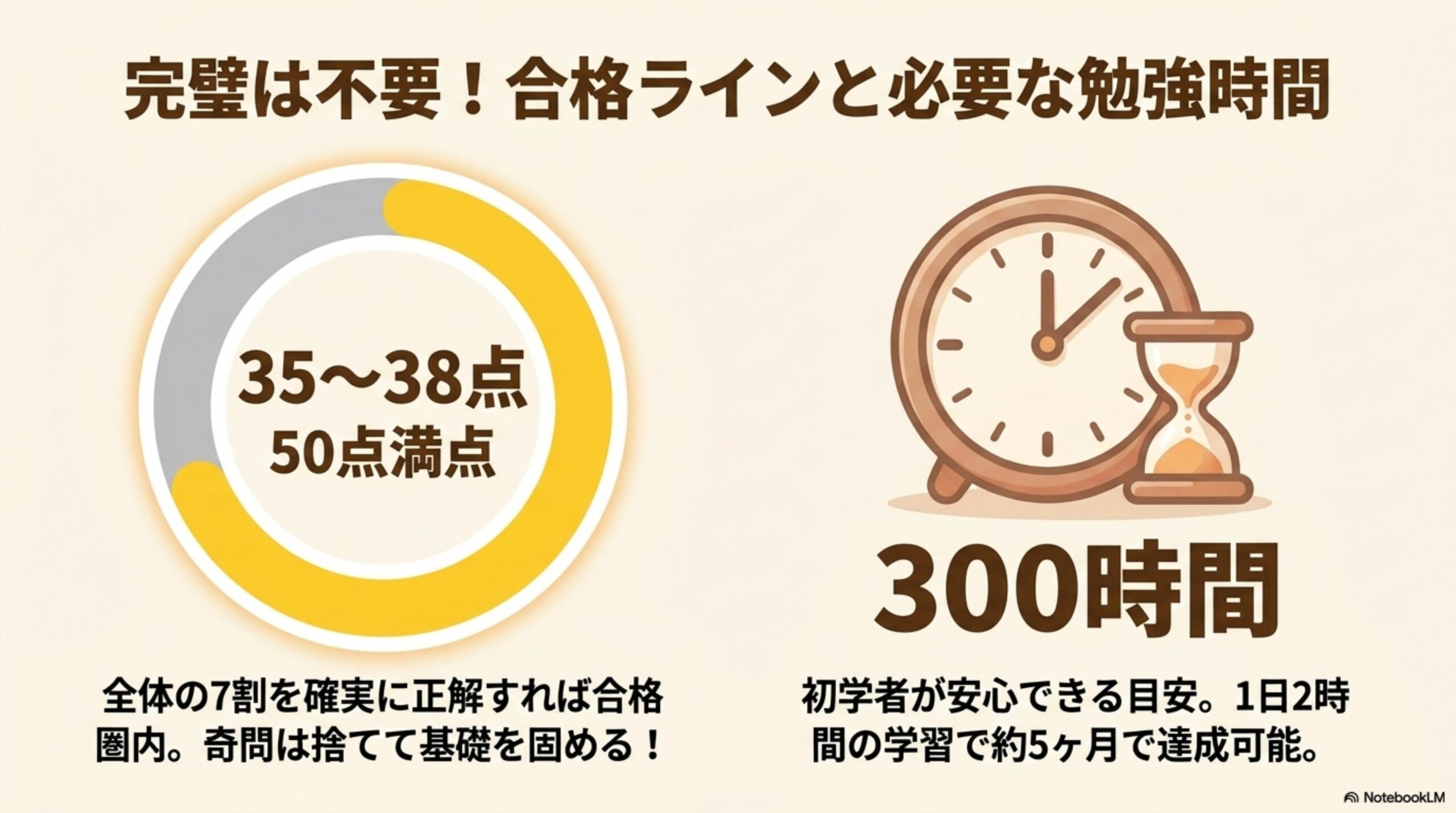 完璧は不要！合格ラインは35〜38点（50点満点）、目安300時間