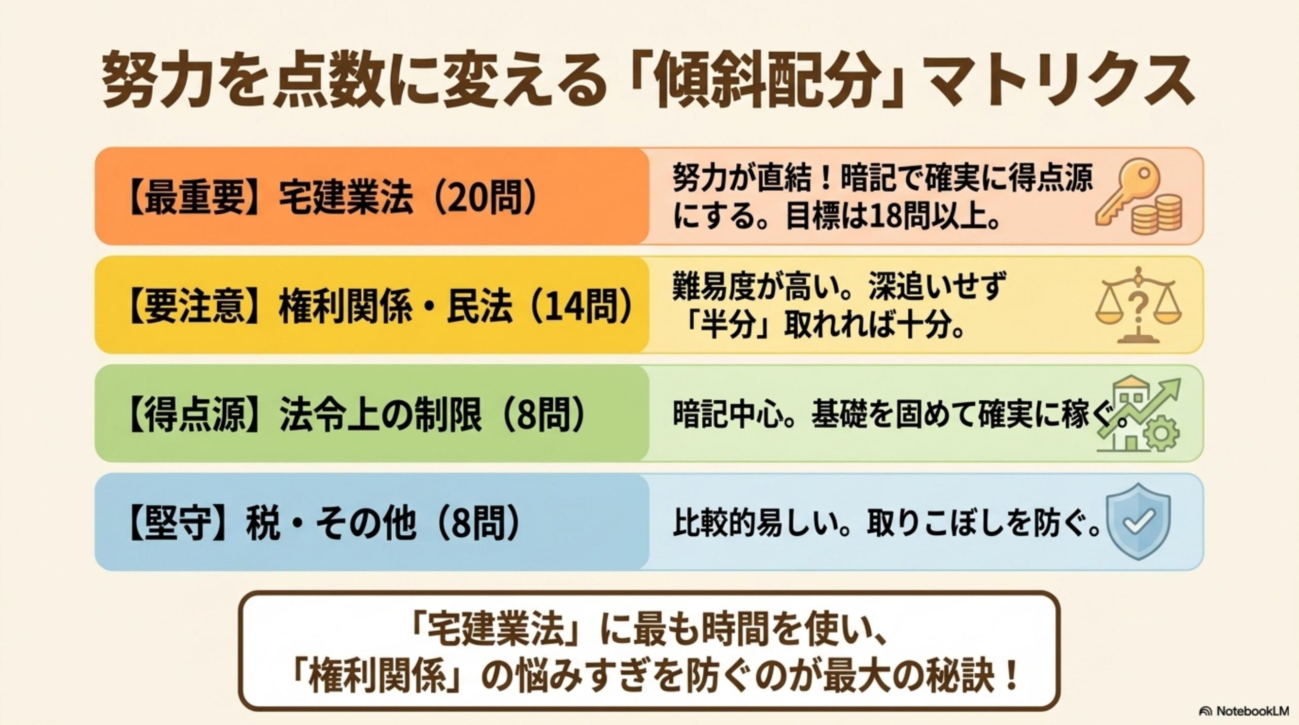 宅建・分野別の傾斜配分マトリクス（宅建業法20問・権利関係14問・法令上の制限8問・税その他8問）