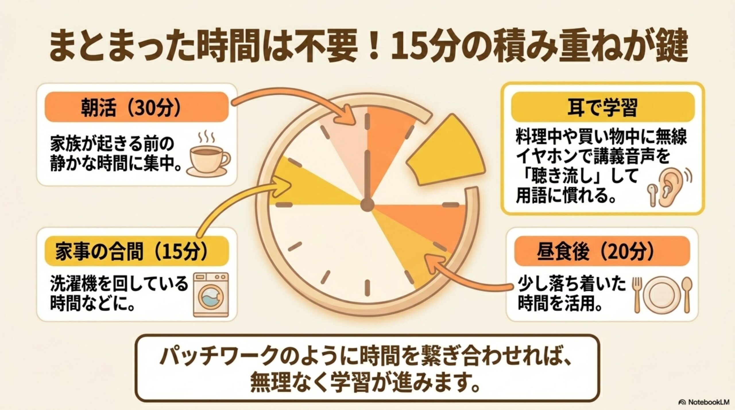主婦の1日スキマ時間マップ（朝活30分・家事の合間15分・昼食後20分・耳で学習）