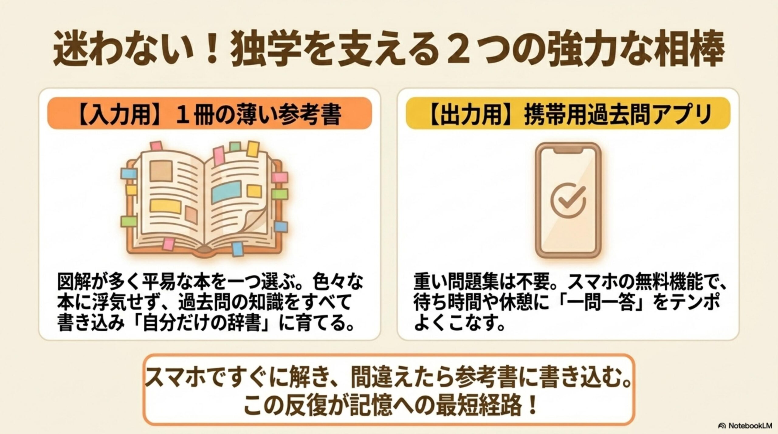 独学を支える2つの相棒：入力用の薄い参考書1冊と、出力用の携帯過去問アプリ