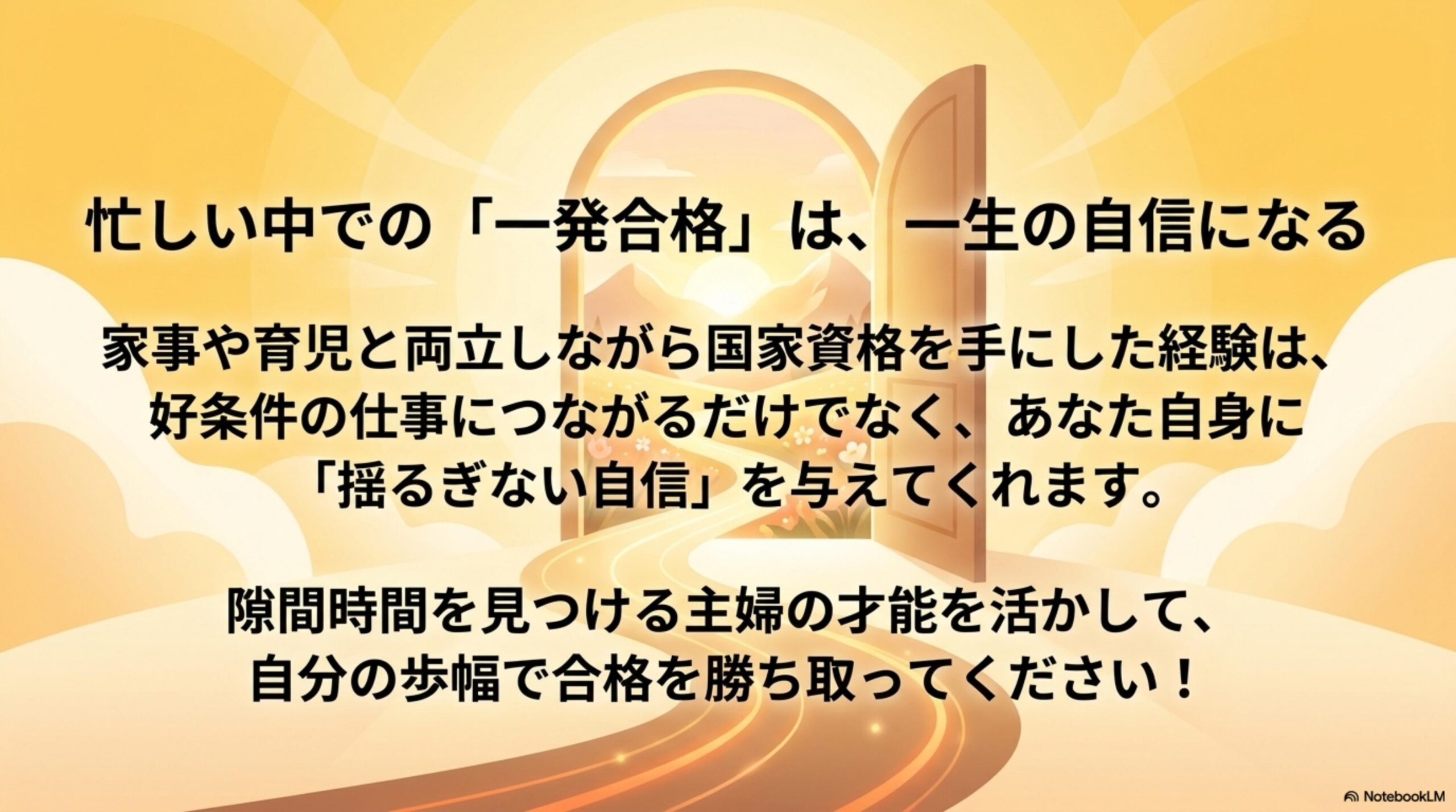 忙しい中での一発合格は一生の自信になる（家事や育児と両立して国家資格を取る主婦へのメッセージ）