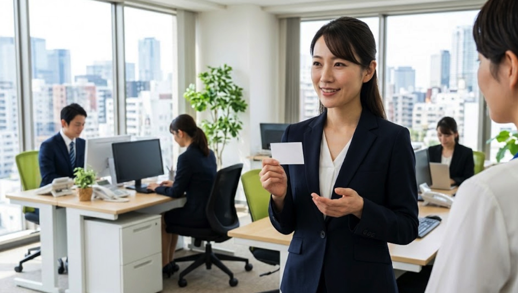 宅建資格を取得した主婦がオフィスで名刺交換して再就職・キャリアアップするシーン
