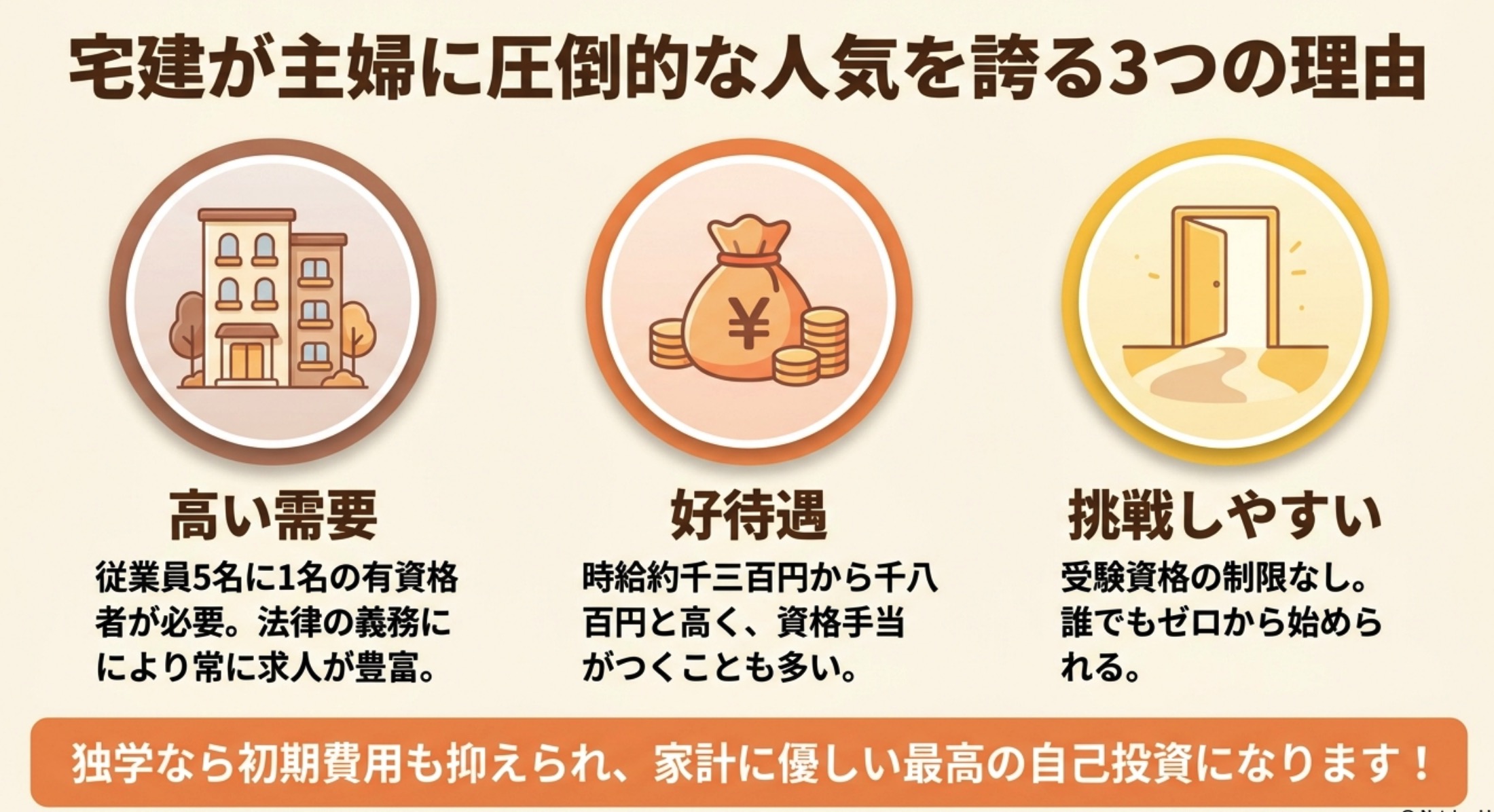 宅建が主婦に圧倒的な人気を誇る3つの理由（高い需要・好待遇・挑戦しやすさ）の図解インフォグラフィック