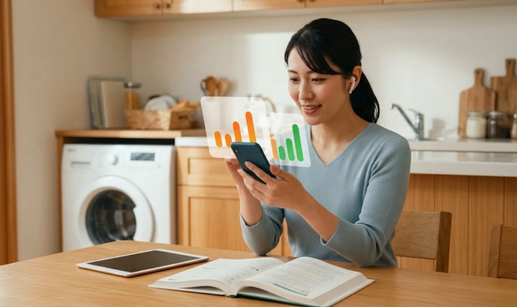 宅建の独学で主婦がキッチンで家事の合間にスマホの過去問アプリで学習する様子