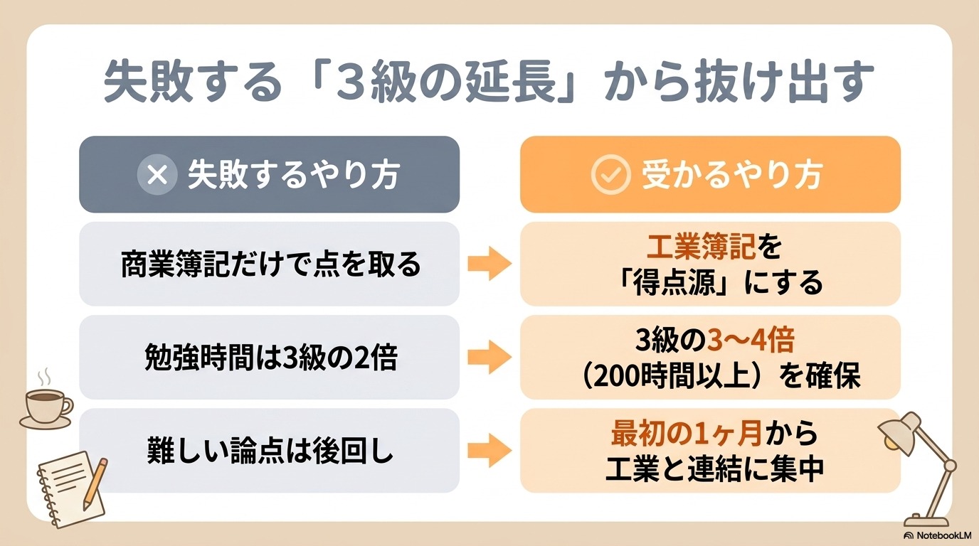簿記2級 落ちた典型パターン 3級の延長で挑んで失敗する原因対比