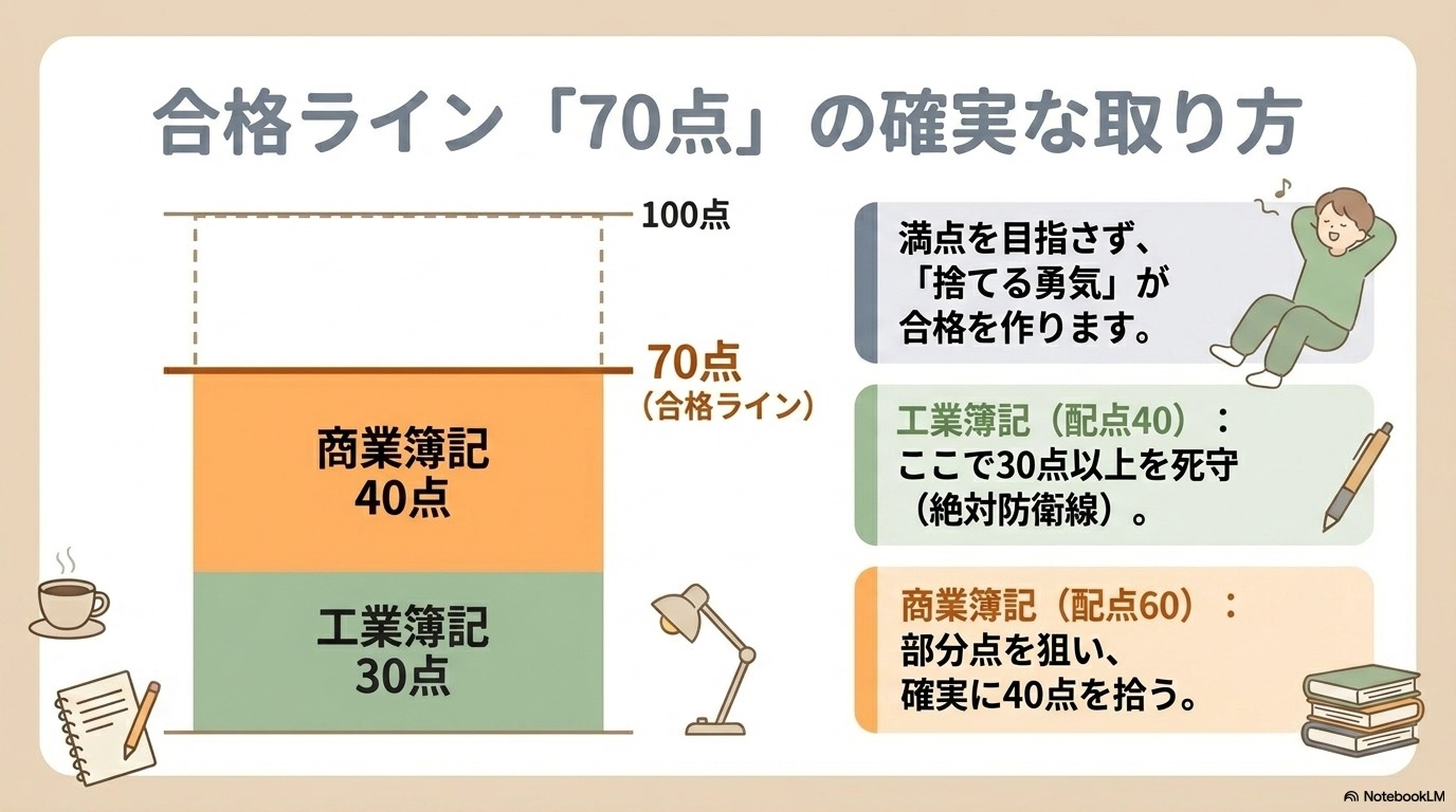 簿記2級 落ちたあとに目指す合格ライン70点の科目別得点配分