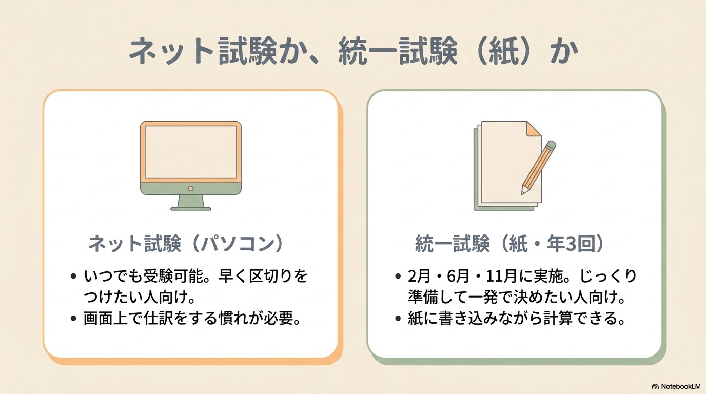 簿記2級 落ちたあとの再受験 ネット試験と統一試験の選び方