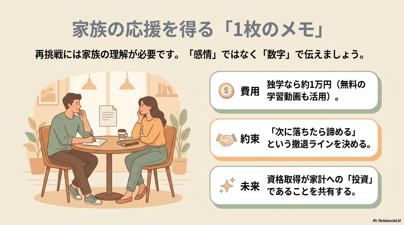 簿記2級 落ちた状況の家族説明用1枚メモ 費用と撤退ラインの伝え方