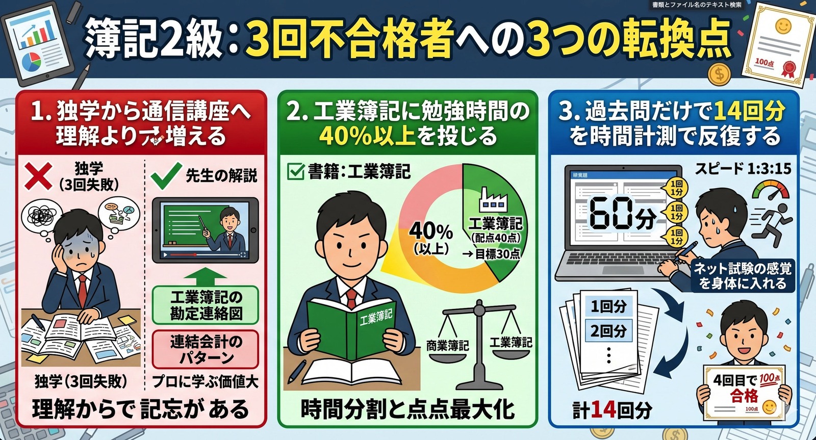 簿記2級 落ちた3回目の人のための3つの転換点 独学から通信講座・工業簿記40%・過去問14回分