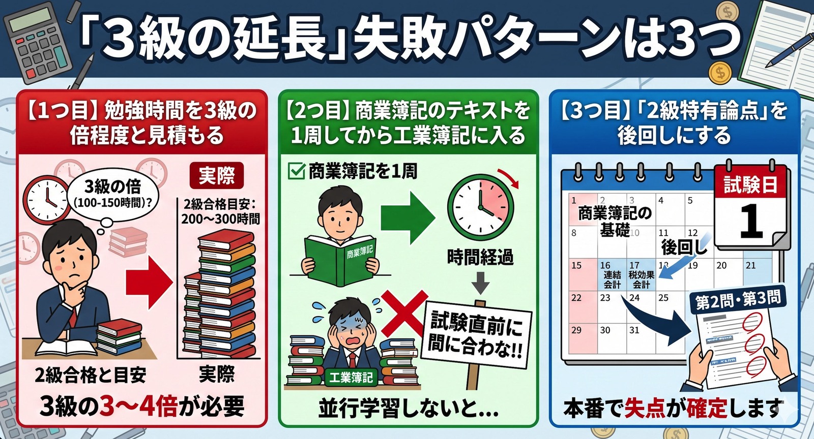 簿記2級 落ちた典型「3級の延長」失敗パターン3つ 勉強時間見積もり・並行学習不足・特有論点後回し