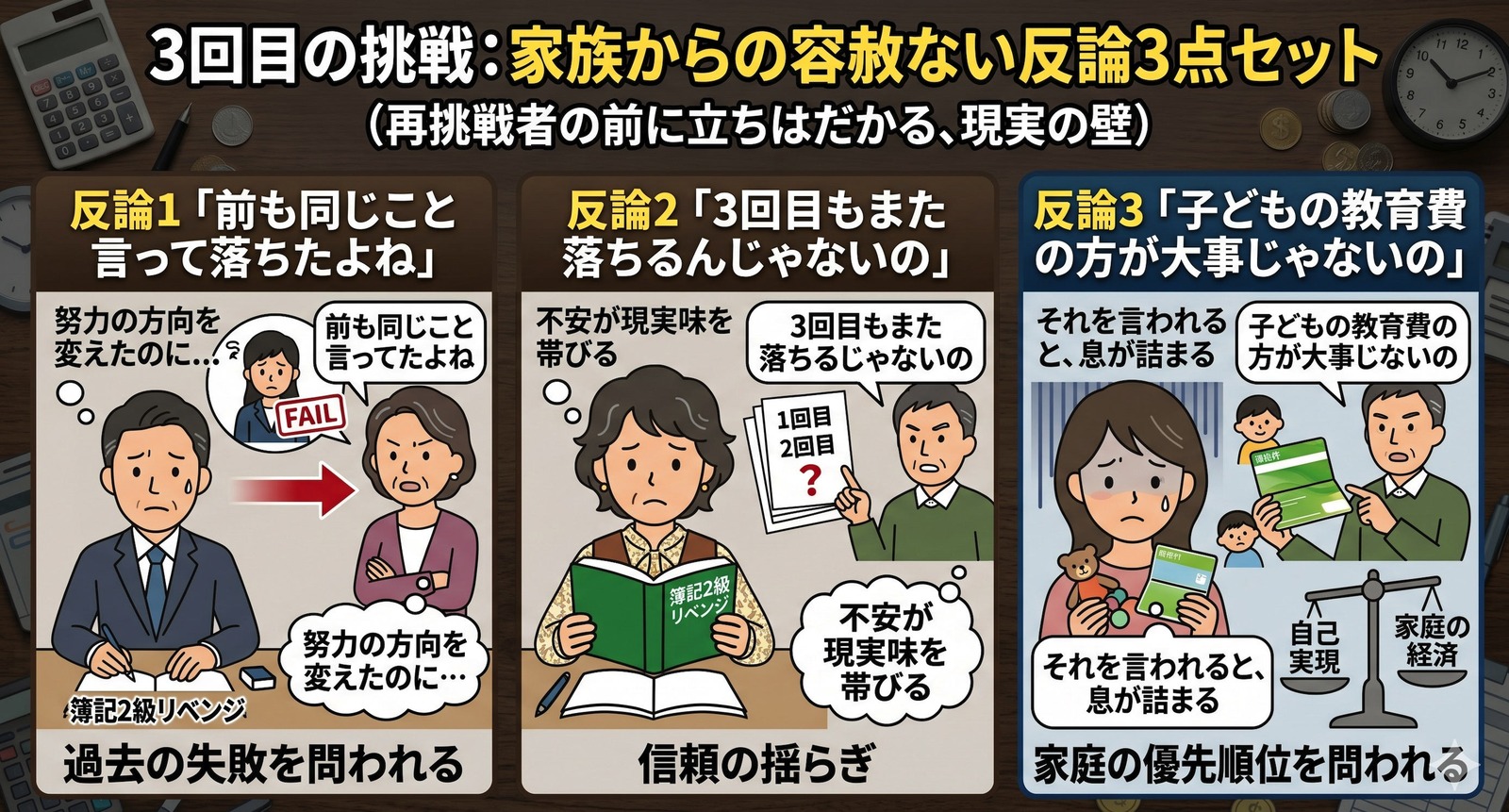 簿記2級 落ちた3回目で家族から返る容赦ない反論3点セット