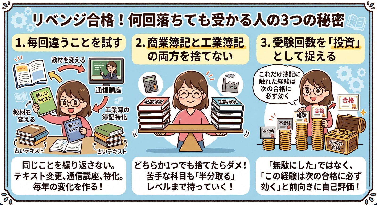 簿記2級 落ちたあとリベンジ合格する人の3つの秘密 教材変更・両科目維持・回数を投資と捉える