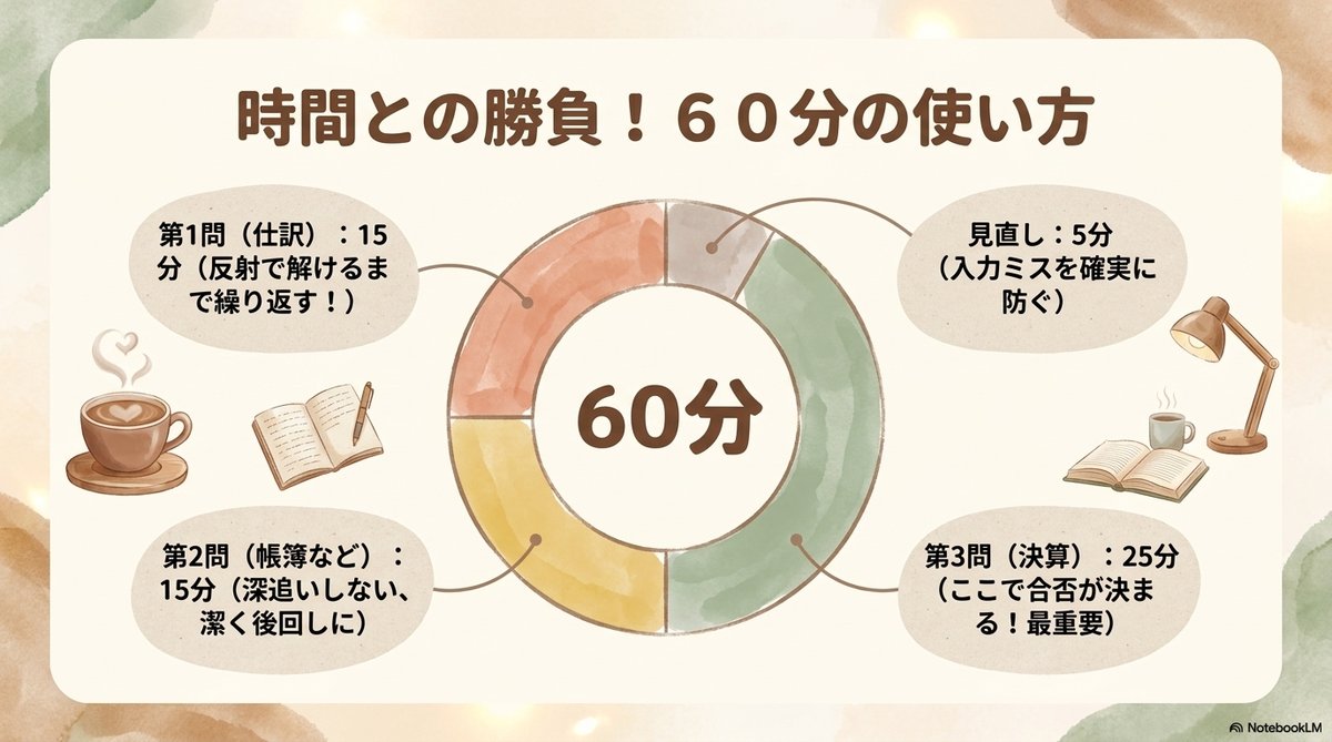 簿記3級 過去問 60分 時間配分 第1問 第2問 第3問 見直し