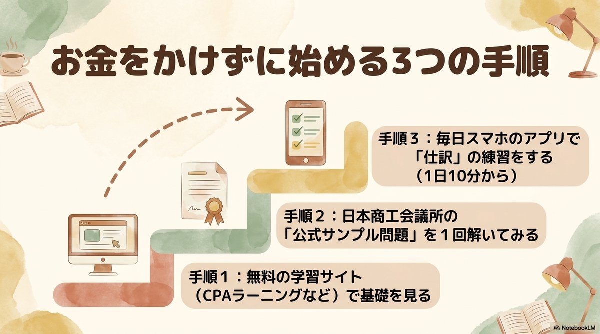 簿記3級 過去問 無料 CPAラーニング 公式サンプル問題 仕訳アプリ 3手順