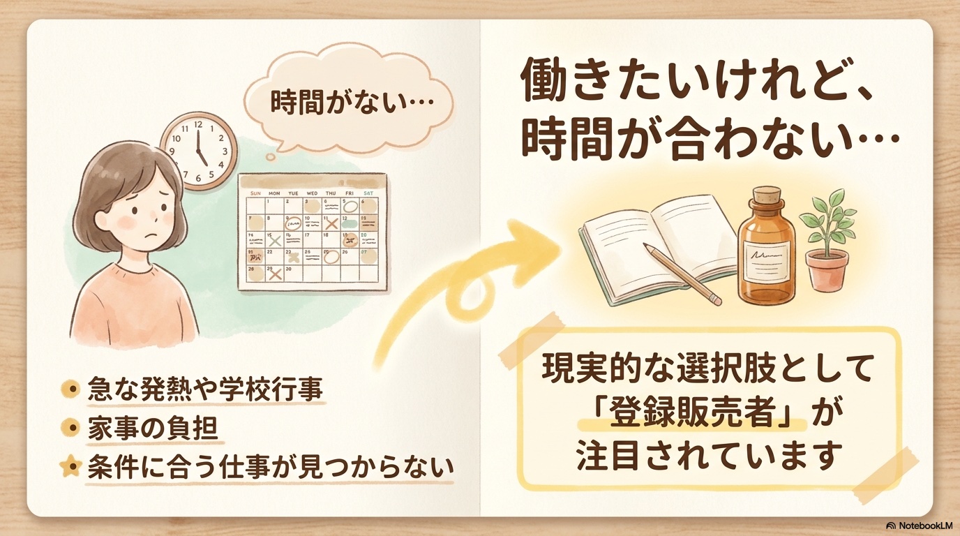 登録販売者 子持ち 主婦にとっての「働きたいけれど時間が合わない」悩みの図解