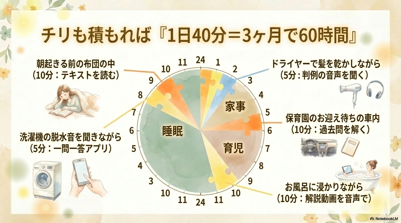 行政書士 子持ちのスキマ時間活用7シーン（朝・炊飯器・洗濯機・送迎・ドライヤー・歯磨き・湯船）