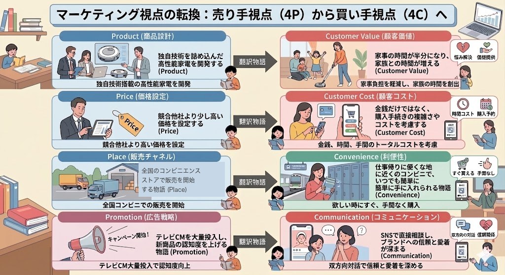 ITパスポート 落ちた人が覚える 4P/4C 物語化 ITパスポート ストラテジ系の物語化:4Pから4Cへのマーケティング視点転換