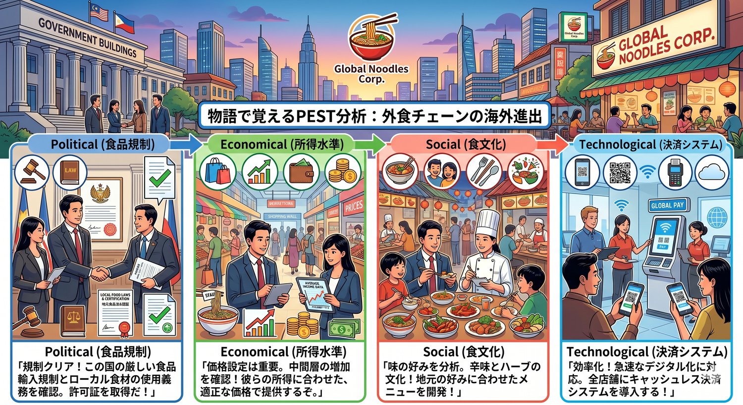 ITパスポート 落ちた人が覚える PEST分析 物語化 ITパスポート ストラテジ系の物語化:外食チェーン海外進出で覚えるPEST分析