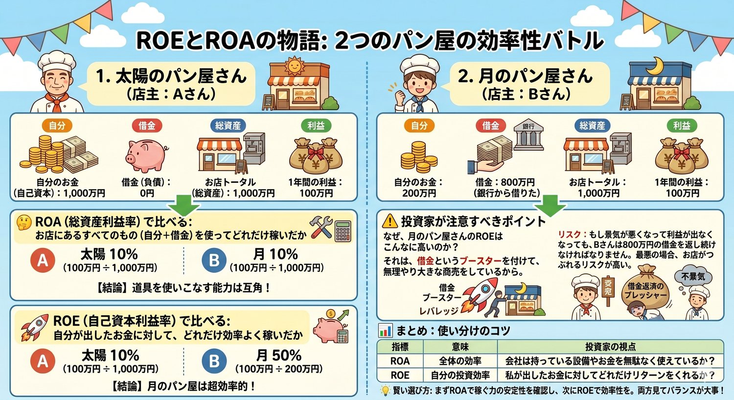 ITパスポート 落ちた人が覚える ROE/ROA 物語化 ITパスポート ストラテジ系の物語化:太陽と月のパン屋で覚えるROEとROA