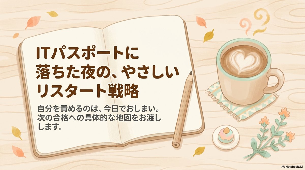 ITパスポート 落ちたあなたへ|やさしいリスタート ITパスポート 落ちた人へ送るやさしいリスタートのカバービジュアル