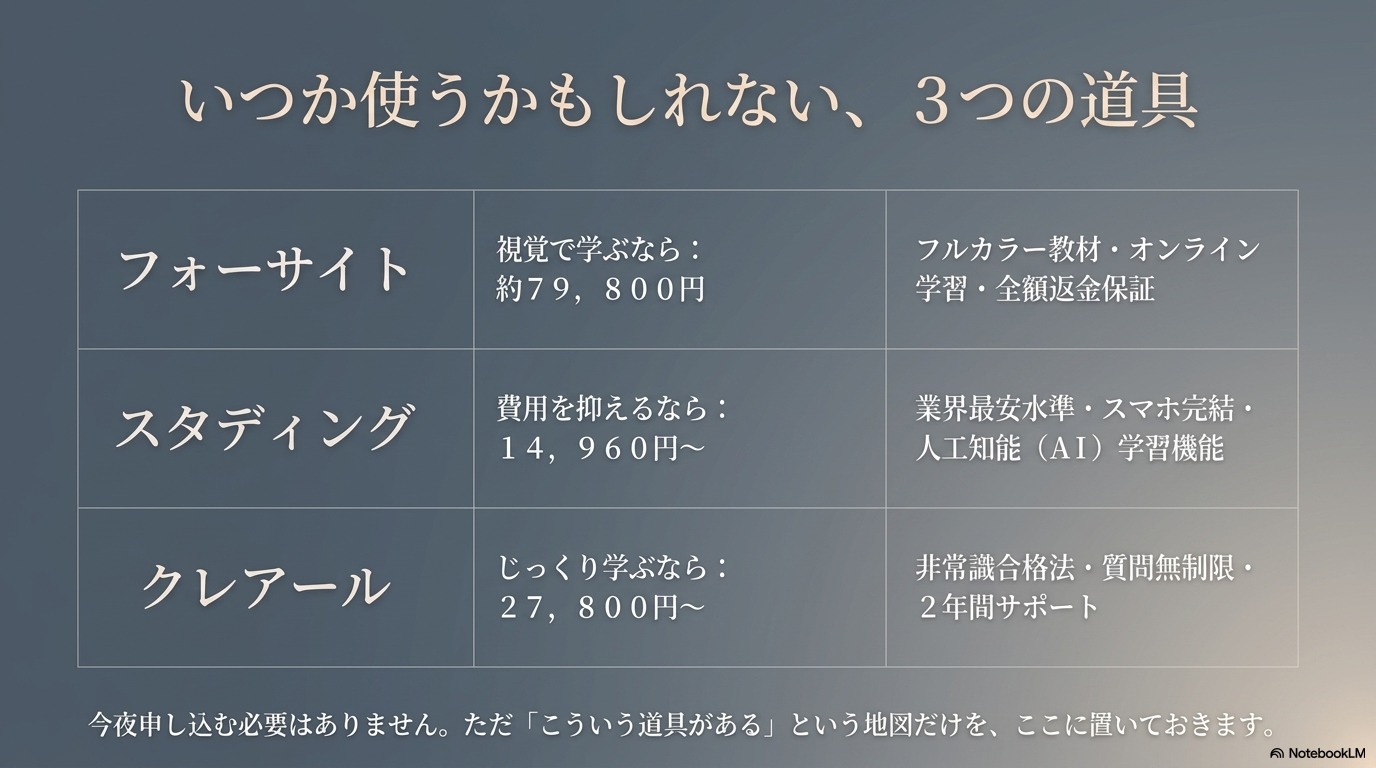 宅建を諦めた人がいつか使うかもしれない3つの道具・通信講座の比較