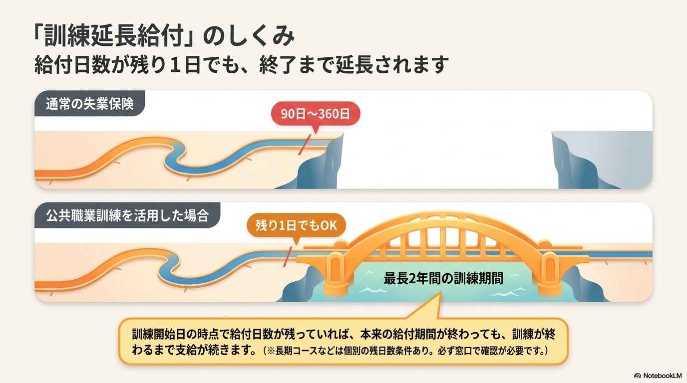訓練延長給付のしくみ図解：給付日数が残り1日でも公共職業訓練が終わるまで最大2年間延長継続
