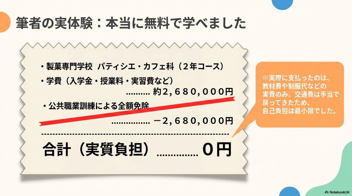 筆者の実体験：製菓専門学校バティシエ・カフェ科2年コース（学費約268万円相当）が公共職業訓練の利用で実質負担0円