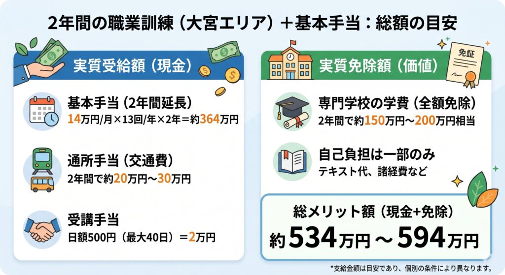 2年間の職業訓練（大宮エリア）と基本手当の総メリット額：実質受給額と免除額合計で約534〜594万円