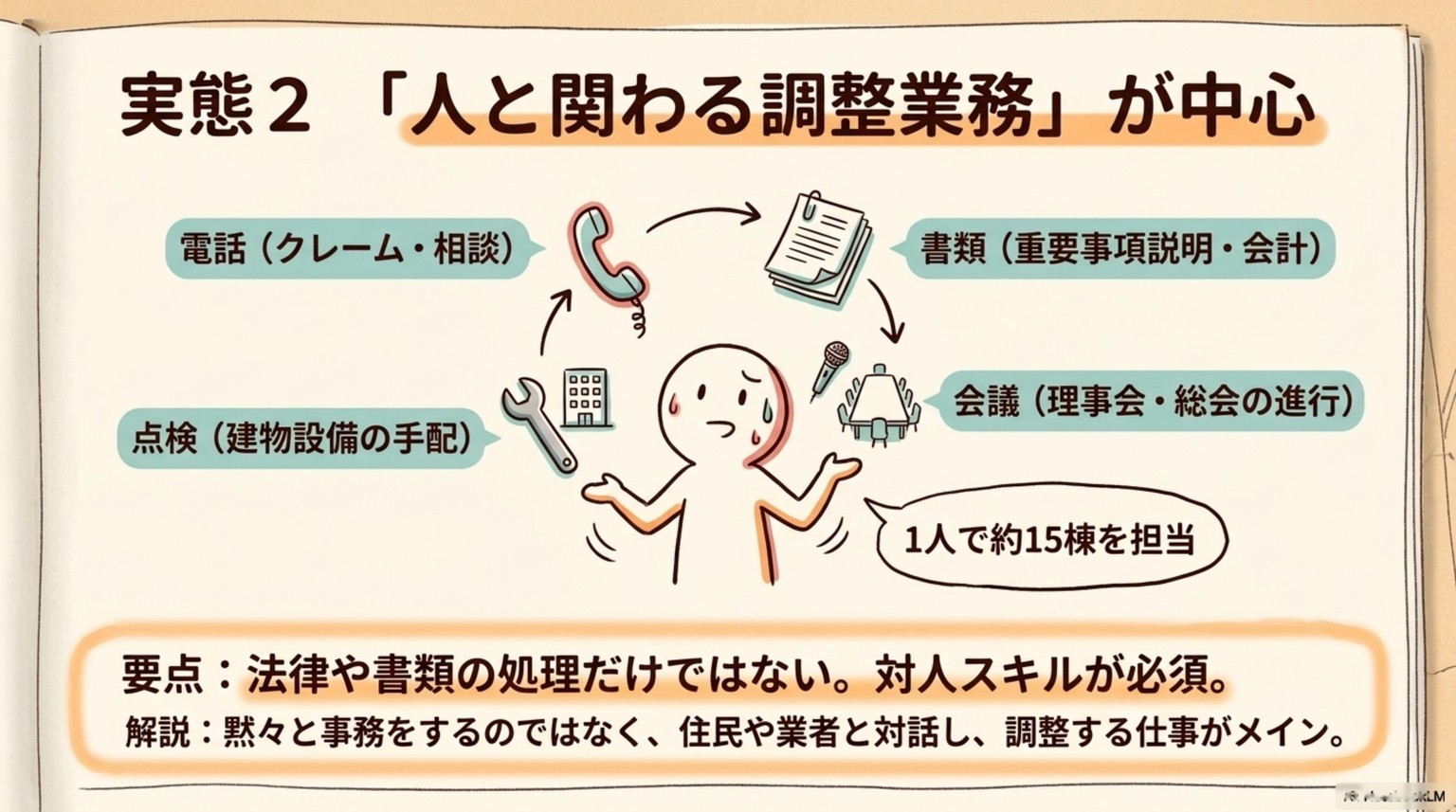 管理業務主任者フロントの調整業務と1人約15棟担当の実態