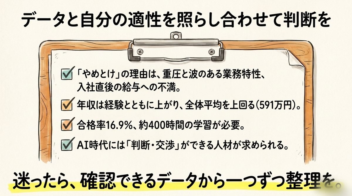 通関士はやめとけという評価をデータと自分の適性から判断するためのチェックポイントをまとめた図解