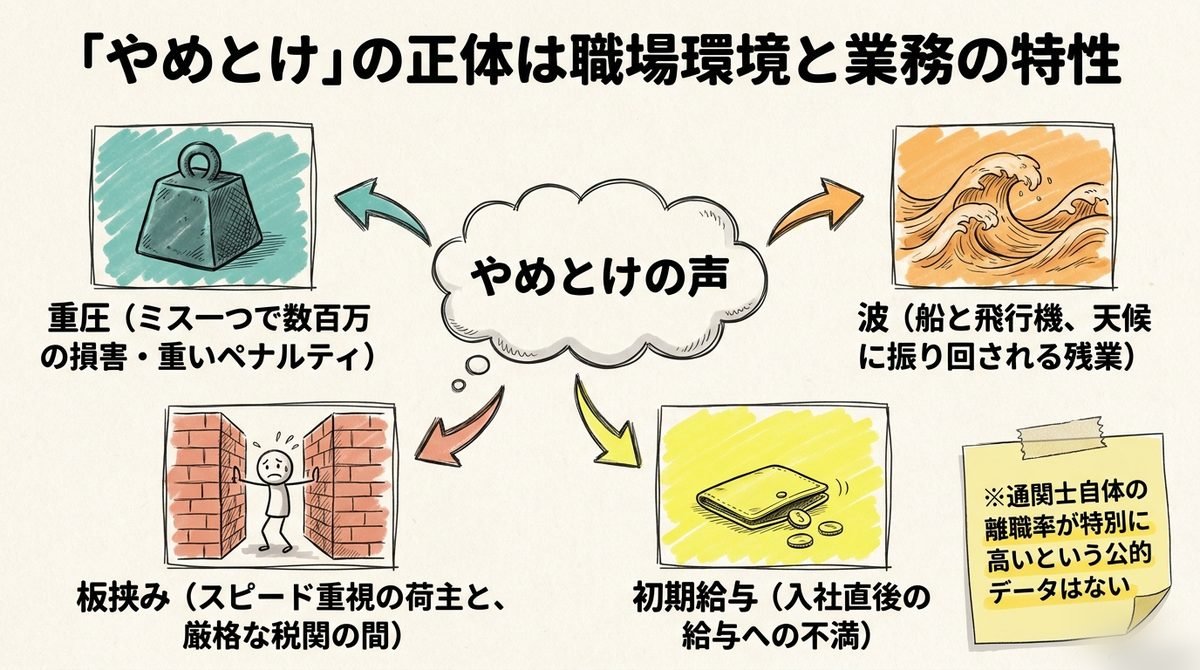 通関士はやめとけと言われる4つの理由（重圧・繁忙期の波・板挟み・初期給与への不満）を示した図解