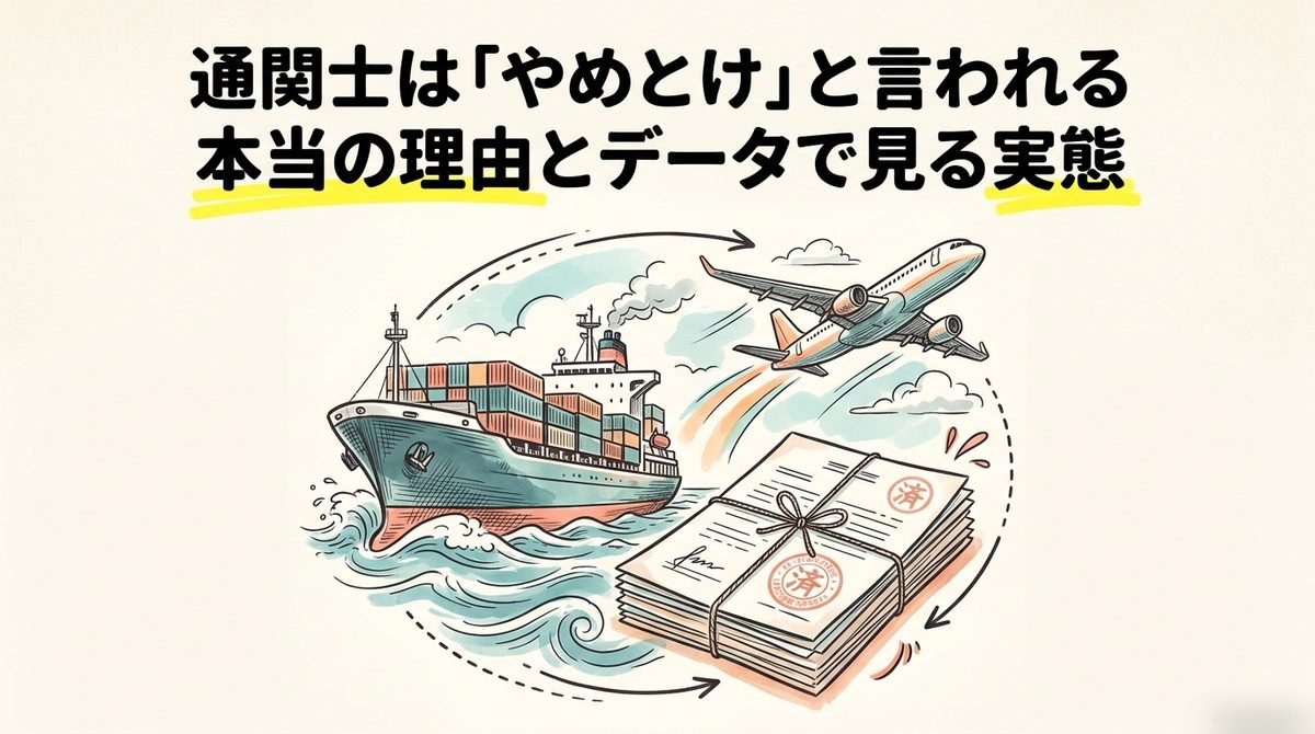 通関士はやめとけと言われる理由をデータで整理した記事のまとめ画像。輸出入を支える通関士の仕事と年収591万円の実態を表すイラスト