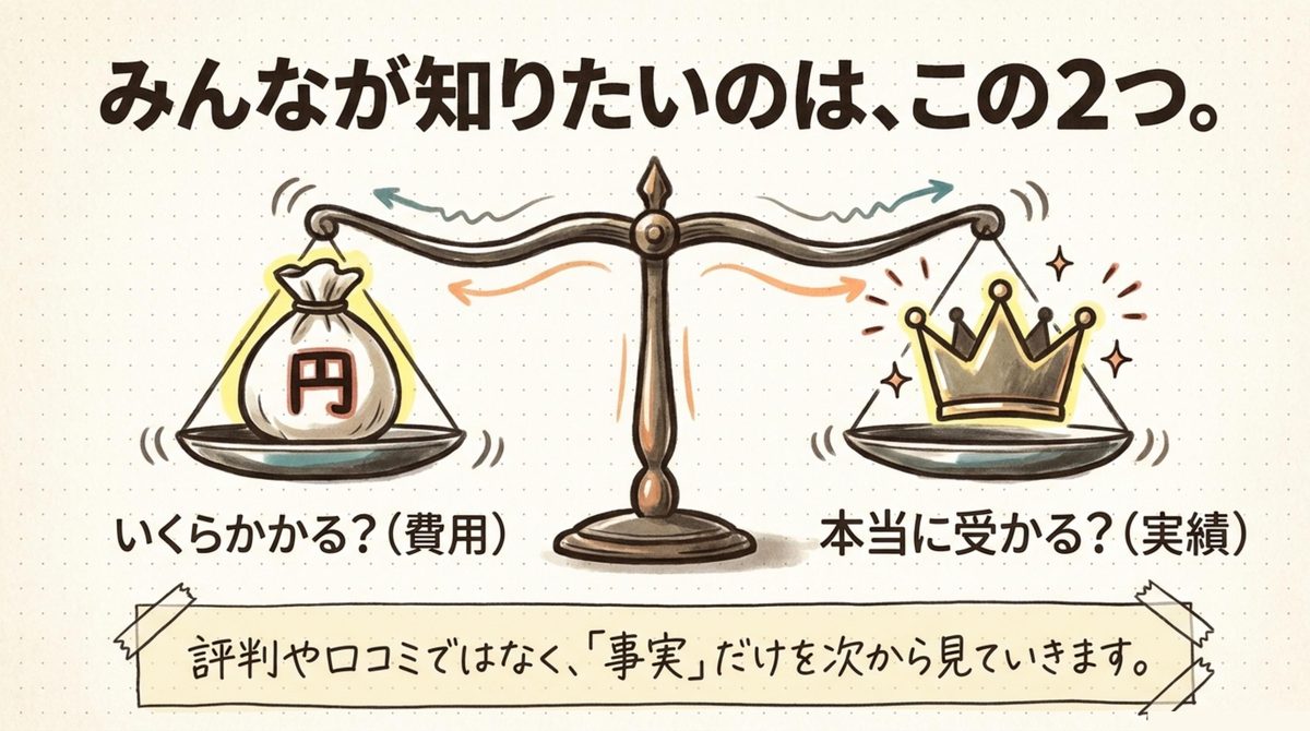 費用と合格率を天秤で比較するイラスト