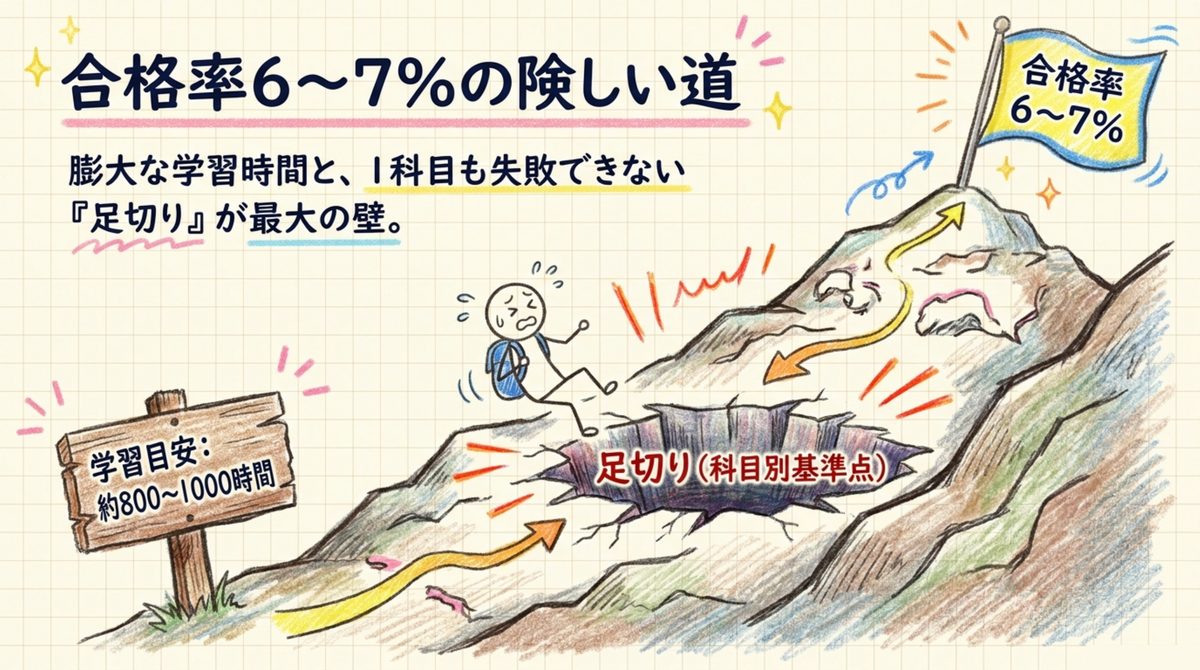 社労士試験の合格率6〜7%と足切り制度の難しさを示す図解