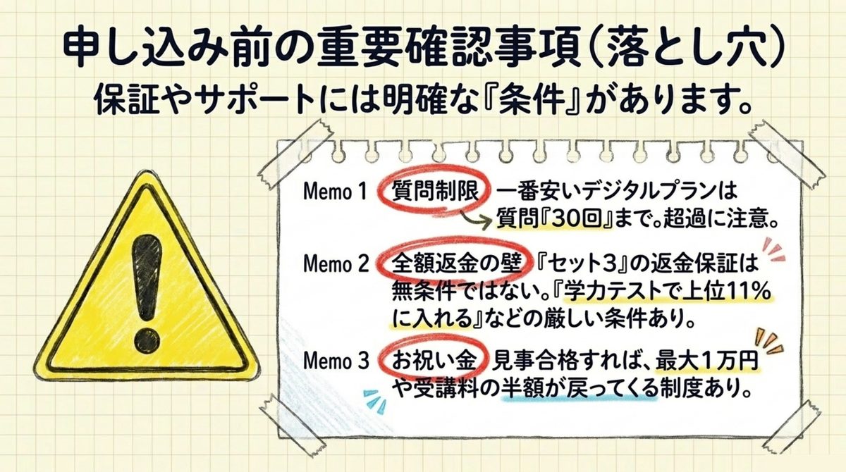 フォーサイト社労士講座の質問制限・全額返金保証・お祝い金の注意点を示す図解