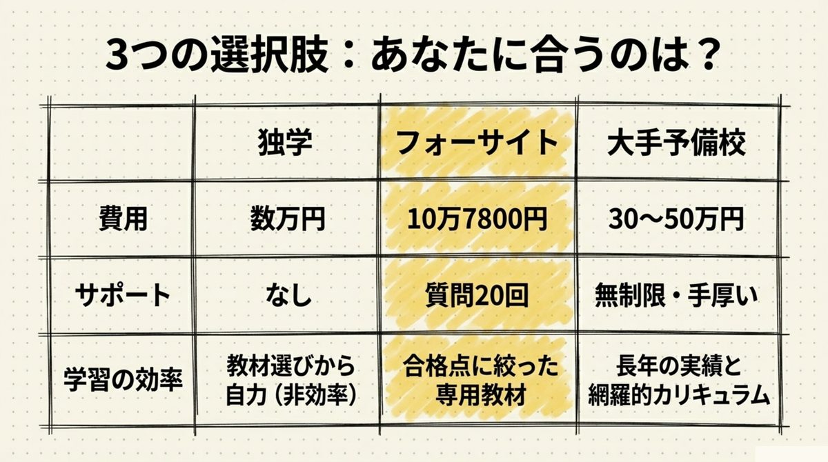 独学・フォーサイト・大手予備校の3つの選択肢を費用・サポート・学習効率で比較した表
