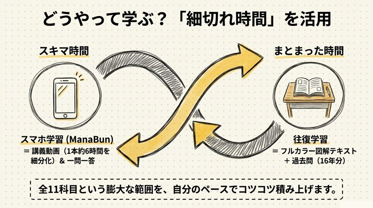 フォーサイトの学習法 スキマ時間はスマホ学習ManaBun・まとまった時間はフルカラーテキストと過去問の往復学習