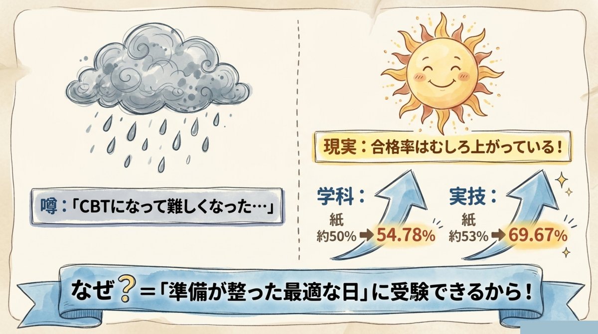 FP2級CBT合格率データ：学科54.78%・実技69.67%（CBT移行後は上昇傾向）