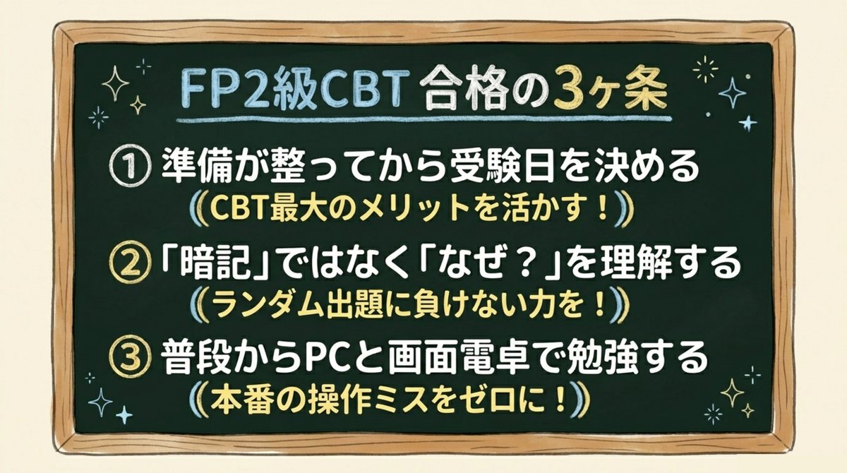 FP2級CBT合格の3ヶ条：①準備してから受験日②暗記でなく理解③PC画面電卓で練習