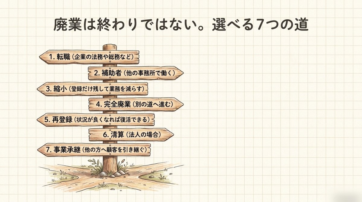 行政書士が廃業後に選べる7つの選択肢を示す図